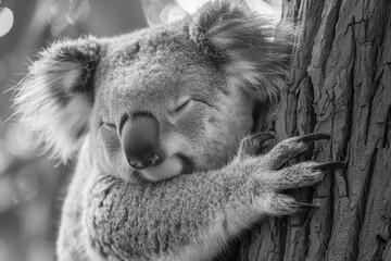 Naklejka premium A sleepy koala bear hugging the trunk of a eucalyptus tree, with its eyes half-closed and one ear twitching