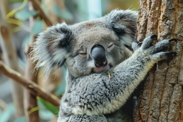 Obraz premium A sleepy koala bear hugging the trunk of a eucalyptus tree, with its eyes half-closed and one ear twitching