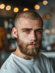 Retrato close up de moda um homem elegante com barba e cabelo bem cuidados, fundo desfocado