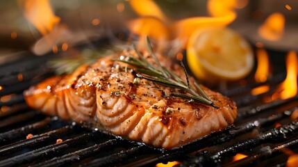 Salmon fillet on the grill with flames, lemon and rosemary for garnish. Background softly blurred to highlight the center subject. Warm colors enhance the appeal.
