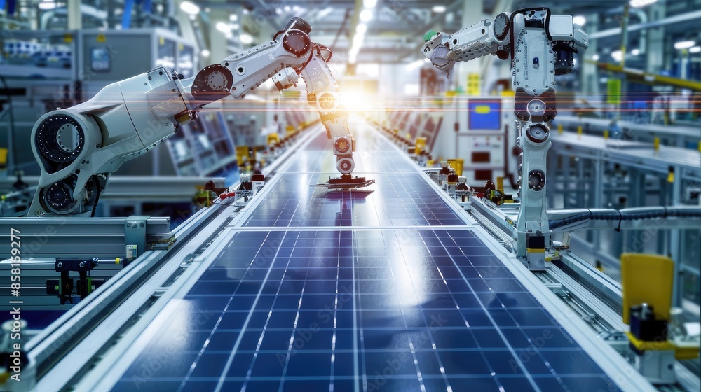Poster robotic arms precisely assembling solar panels in a high-tech factory, highlighting advanced automat
