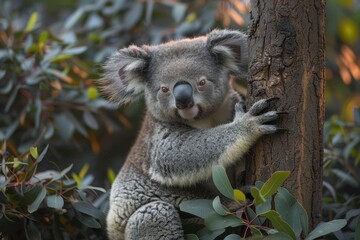 Obraz premium A sleepy koala bear hugging the trunk of a eucalyptus tree, with its eyes half-closed and one ear twitching
