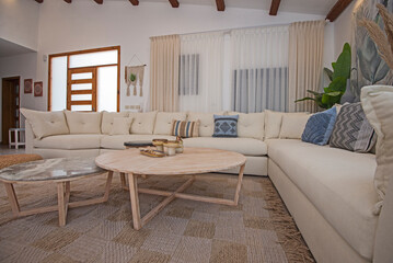 Interior design of luxury apartment living room with coffee table