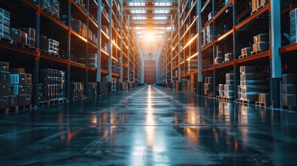 Fototapeta premium Rows of shelves filled with cargo in a brightly lit, modern warehouse, representing a state-of-the-art logistics shipping center