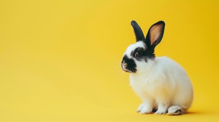 Cute baby rabbit watching sitting on pastel background with space Playful furry white and black bunny on yellow Easter pet concept