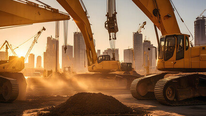 People's activities contribute to global warming, Show a construction site at golden hour, with the warm light casting long shadows of cranes and machinery, and the city skyline bathed