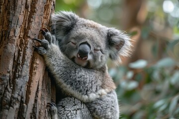 Obraz premium A sleepy koala bear hugging the trunk of a eucalyptus tree, with its eyes half-closed and one ear twitching