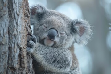 Obraz premium A sleepy koala bear hugging the trunk of a eucalyptus tree, with its eyes half-closed and one ear twitching