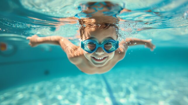 Underwater portrait of happy child in swimming pool.