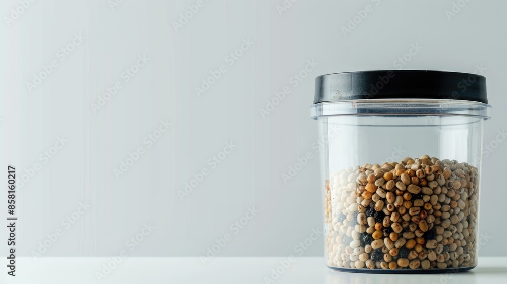 Sticker protein food container on light background with text space