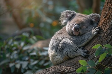 Obraz premium A sleepy koala bear hugging the trunk of a eucalyptus tree, with its eyes half-closed and one ear twitching