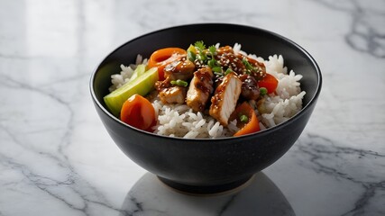 close-up of a Rice Bowl Topping Chiken Blackpepper and fresh mustard in each in a unique bowl 