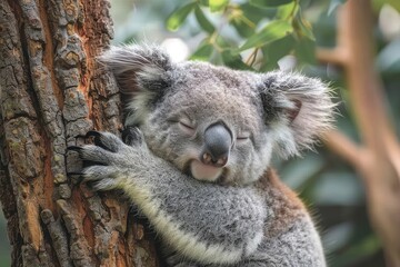 Obraz premium A sleepy koala bear hugging the trunk of a eucalyptus tree, with its eyes half-closed and one ear twitching