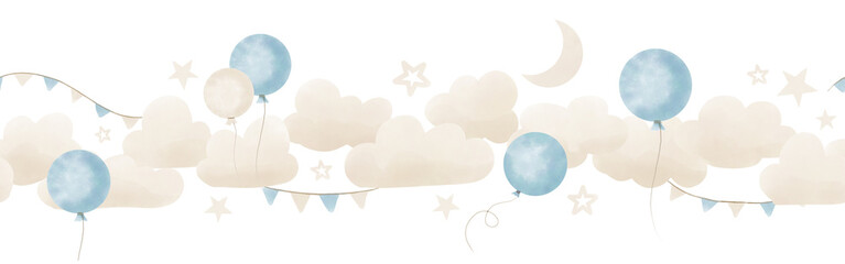Baby border with Clouds and Balloons in pastel blue and beige colors. Seamless Pattern for girl Nursery wall art or childish greeting cards or holiday invitations. Frame with stars and garlands. © Alisles