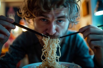 photoYoung man eating ramen at home