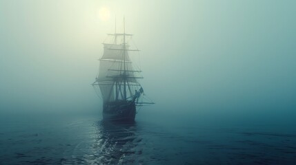 Obraz premium Sailing ship in sea water in heavy fog.