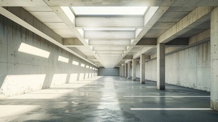 Obraz premium Sunlight floods an empty underground parking area, creating a tranquil atmosphere with concrete white walls and a modern skylight ceiling.
