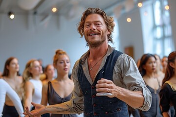 Obraz premium Male Instructor Leading Dance Class in Modern Studio