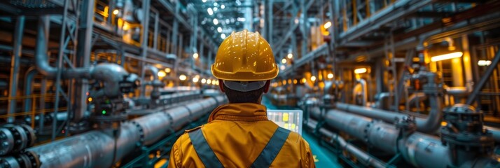 Gas processing supervision by technician at industrial plant