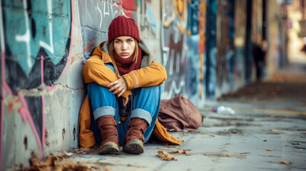 Depressed teenage girl sitting in dirty graffiti-covered alley. Family problems, parenting neglect