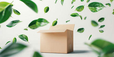 eco green packaging background, sustainable environmentally friendly delivery shipping mailing service banner with copy space, brown cardboard box package with flying leaves, ecological transportation