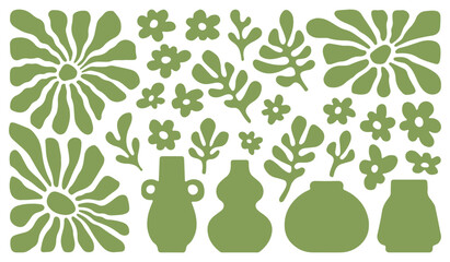 Matisse curves aesthetic. Groovy abstract flower art set. Organic floral doodle shapes in trendy naive retro hippie 60s 70s style. Hand drawn illustration of a plant