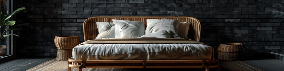 Dark bedroom interior mockup, wooden rattan bed on empty dark brick wall background, Scandinavian style, 3d render