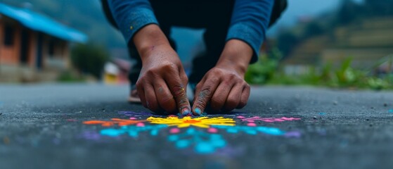 Obraz premium Community members decorating streets and homes with Rangoli designs and festive banners, preparing for Holi, colorful and inviting atmosphere