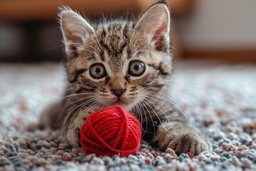 A small tabby kitten playing with a ball of red yarn, on a soft carpet. The kitten looks curious and engaged