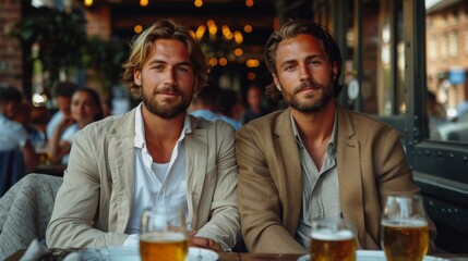 Fototapeta premium Twin brothers sit at a casual setting, enjoying drinks and each other's company, creating a warm and inviting atmosphere with a background of people dining.