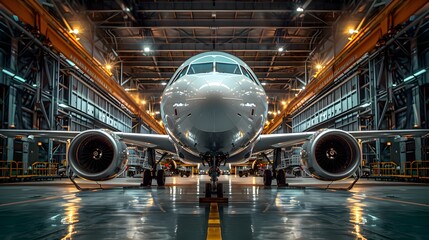 An airplane in the hangar, wide-angle lens, symmetrical composition, bright lighting, high contrast between white and gray colors, surrounded by steel beams and industrial equipment.