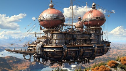 Obraz premium An intricate, high-quality illustration of a steampunk-inspired airship, featuring elaborate gears, mechanical details, and a vintage, adventurous aesthetic. Illustration, Minimalism,