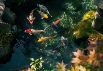 Fototapeta premium Koi fishes swimming in a koi fishpond, scenic view, peaceful state, created with AI