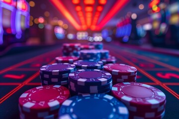 Casino roulette table with red and blue chips, close up