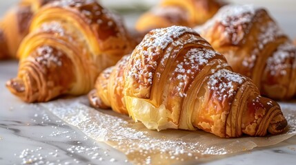 An arrangement of freshly baked croissants, lightly dusted with powdered sugar and sliced open to showcase their flaky, golden interiors, set against a clean white backdrop.