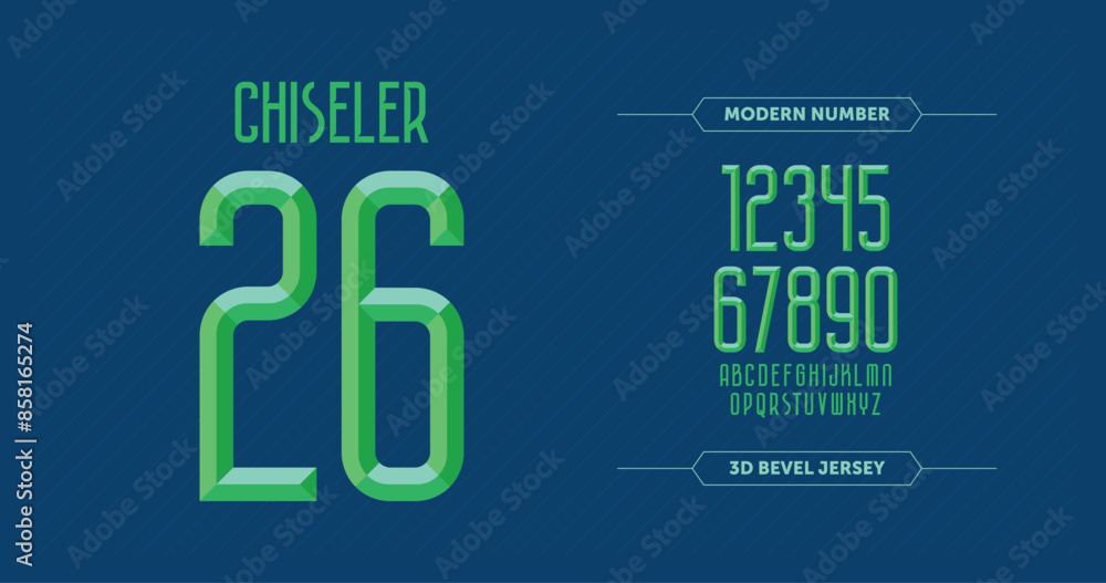 Poster chiseled green alphabet vector font. featuring type letters a-z and numbers 0-9. chiseled block lett