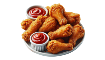 fried chicken wings with a dip sauce and ketchup  isolated on transparent or white background