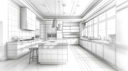 An intricate pencil sketch depicting a modern kitchen layout with sleek countertops and state-of-the-art appliances. visualizing home remodeling projects or for use in design presentations.