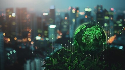 A vibrant, eco-friendly cityscape showcasing green buildings, renewable energy sources, and lush urban greenery promoting sustainability and environmental consciousness.