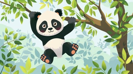 Fototapeta premium Flat vector illustration of cute panda on tree