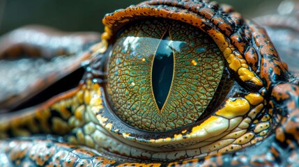 Obraz premium A close-up shot of a crocodile's eye reveals detailed textures and vibrant colors, emphasizing the primal and enigmatic nature of this powerful aquatic predator.