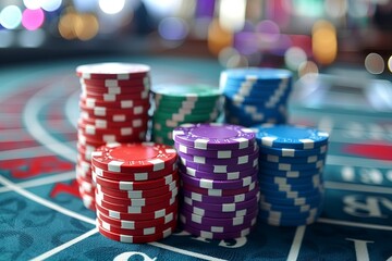 Casino roulette table with red and blue chips, close up