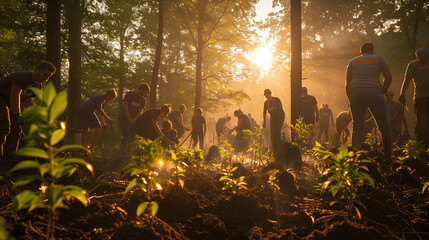 Fototapeta premium A public garbage collection event at dawn in a dense forest