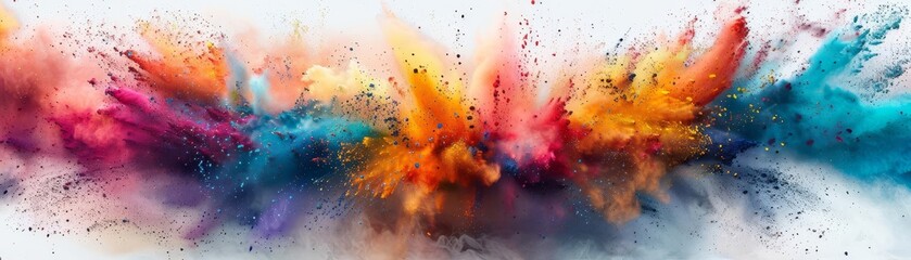 An explosion of vibrant colored powders against a white background, creating a dynamic and abstract burst of colors