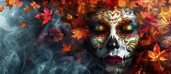 Day of the Dead Sugar Skull with Autumn Leaves and Smoky Background