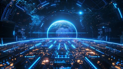 A digital illustration of Earth shown from space, surrounded by futuristic and technological elements, depicting a high-tech sci-fi environment.