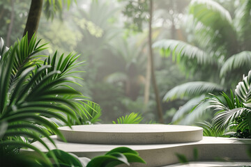 Obraz premium Empty mockup product display 3d podium background for beauty or cosmetic products. Tropical forest background with leaves and trees.