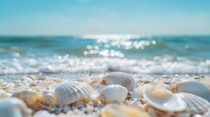 Close Up of White Shells on Beach Summertime Vacation Scene