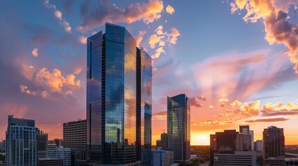 Obraz premium Modern skyscraper with glass facade reflecting the sunset in an urban skyline