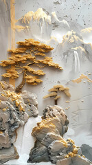 3d Bas-relief, Volumetric stucco molding on a concrete wall with golden elements, Japanese landscape, waterfall, mountains.